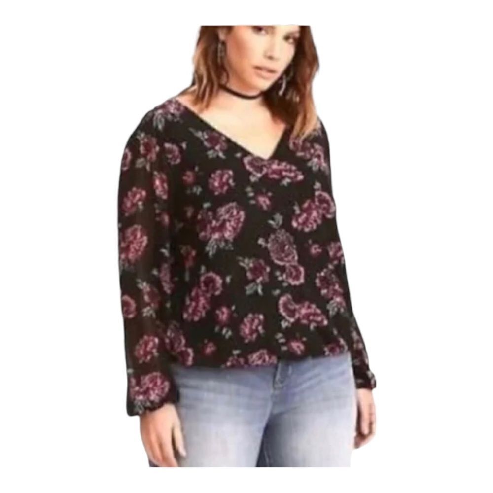 Torrid Long Sleeve Purple & Black V-Neck Criss Cross Back‎ Floral Blouse Size 4X